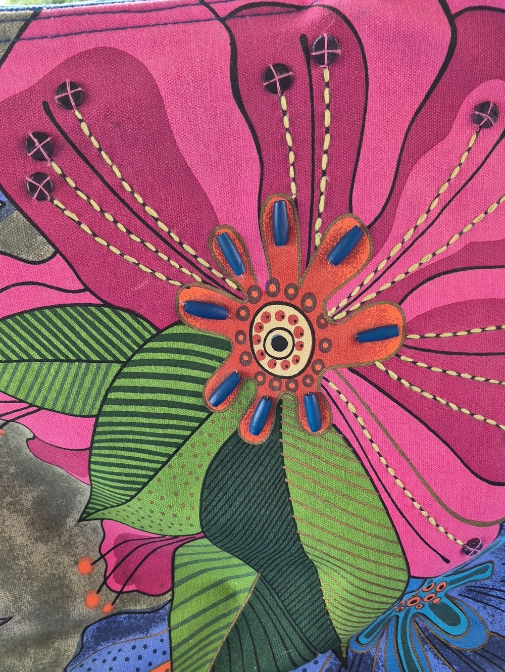LAUREL BURCH 🍎 large cotton canvas tote 🍎 VINTAGE beaded Polynesean Face - Picture 2 of 10